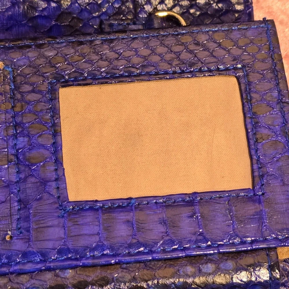 Electric Blue Snakeskin Python Trifold Wallet Gold Turn Lock Closure Luxury